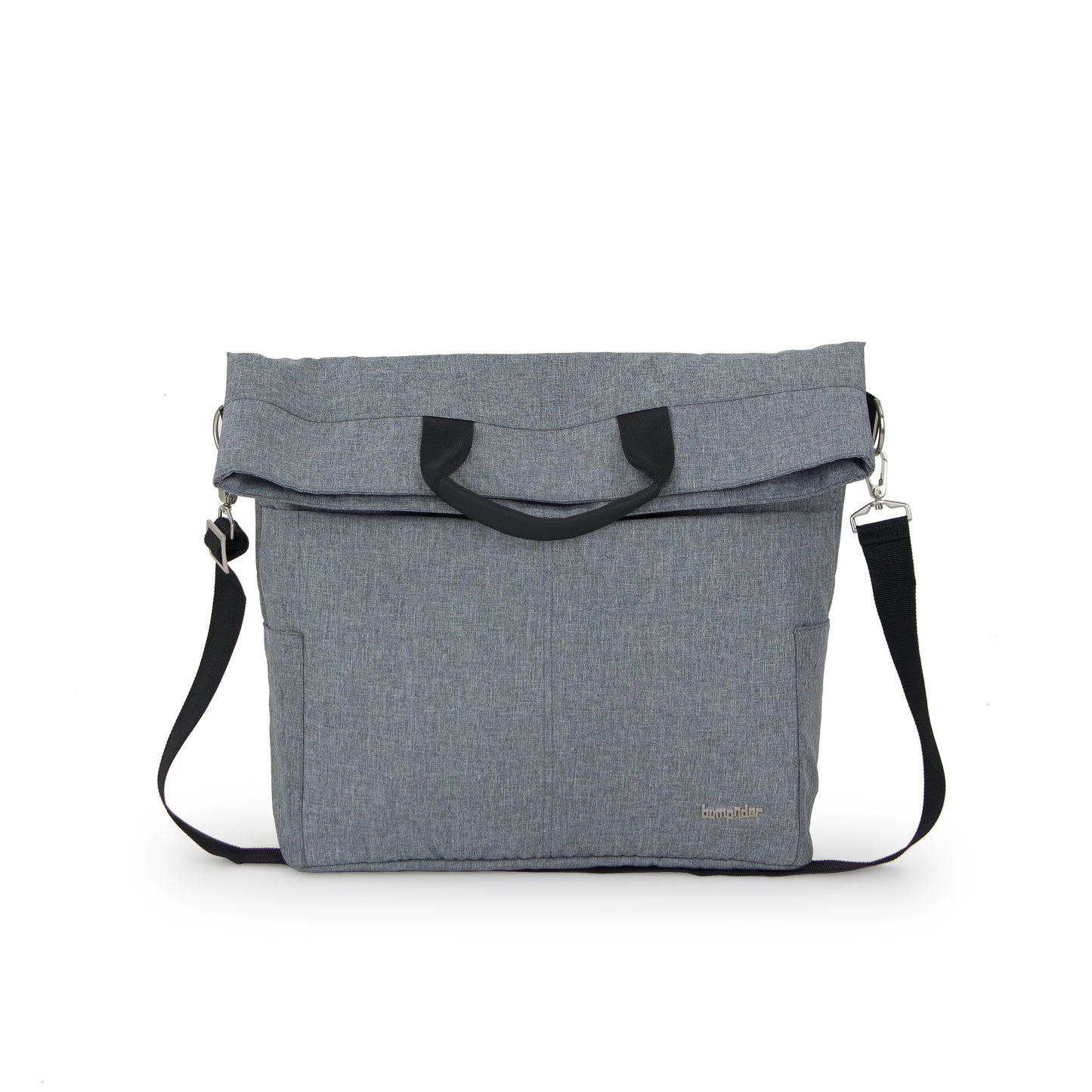 Gray bag with black handles and strap on a white background