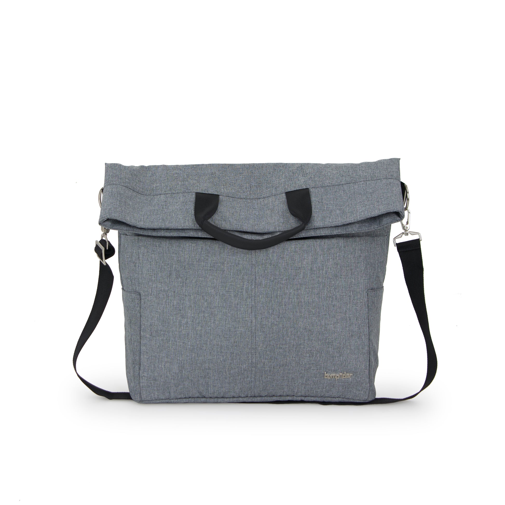 Gray bag with black handles and strap on a white background