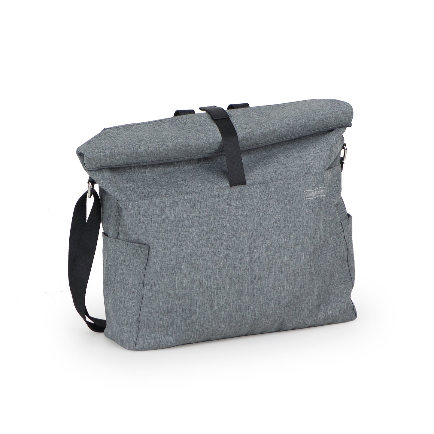 Gray roll-top bag with black straps on a white background