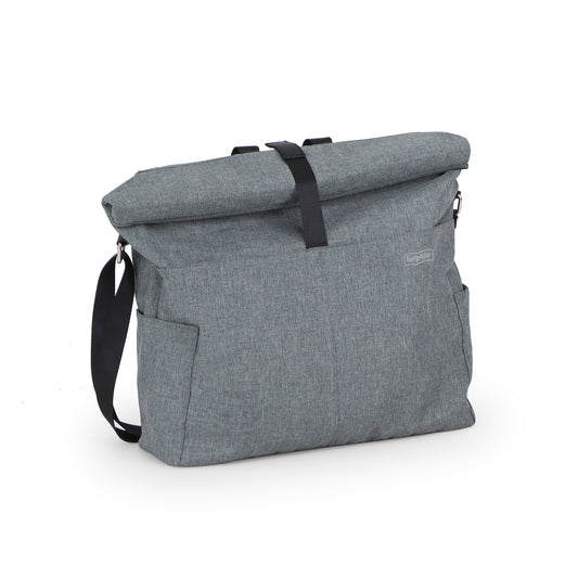 Gray roll-top bag with black straps on a white background