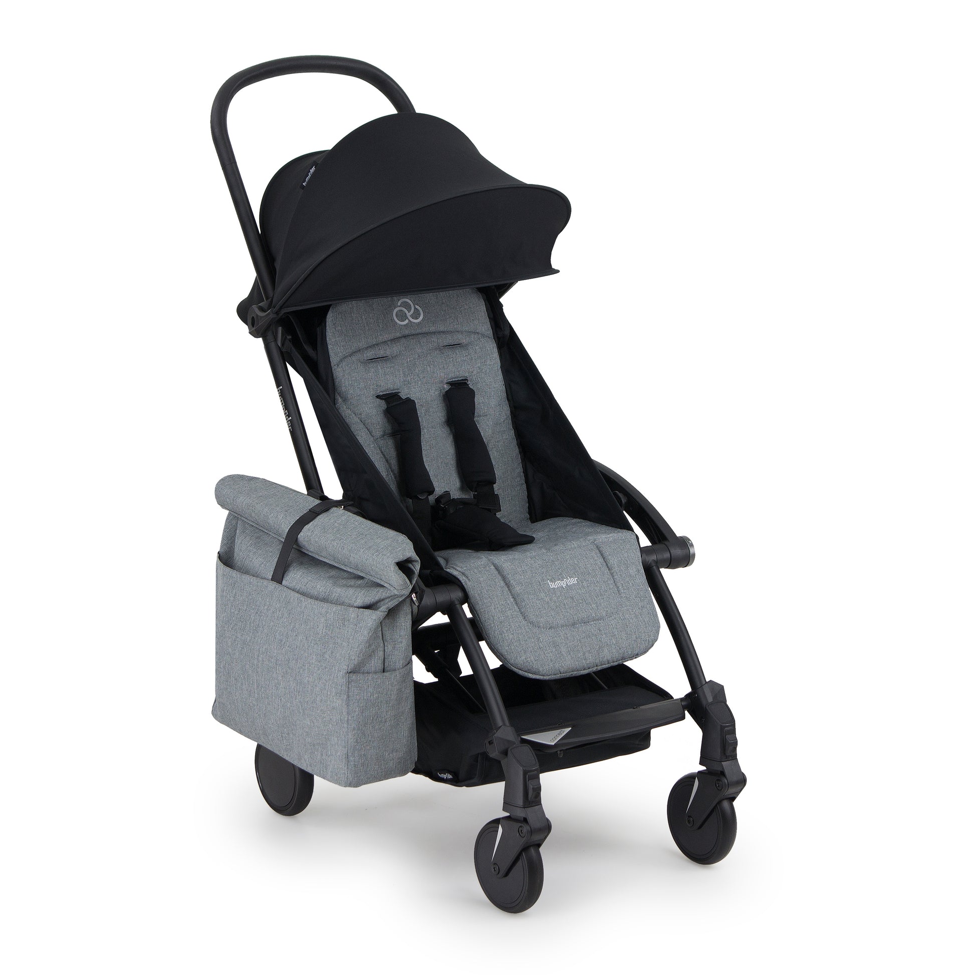 Black and gray stroller with a matching bag on a white background