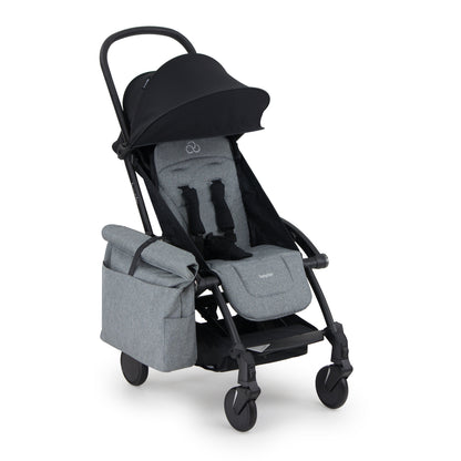 Black and gray stroller with a matching bag on a white background
