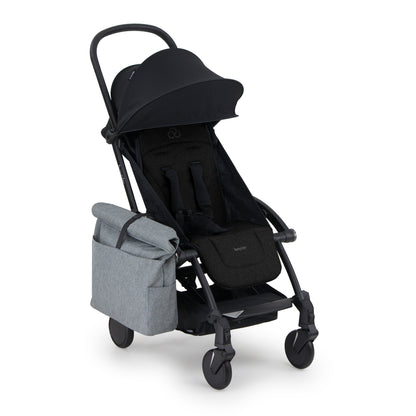 Black Pram with a grey bag on a white background