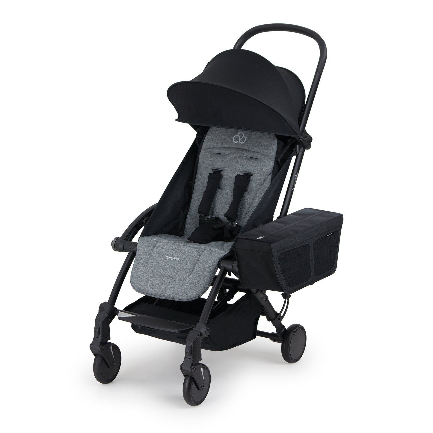 Black and grey stroller on a white background and a accessories