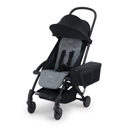 Black and grey stroller on a white background and a accessories