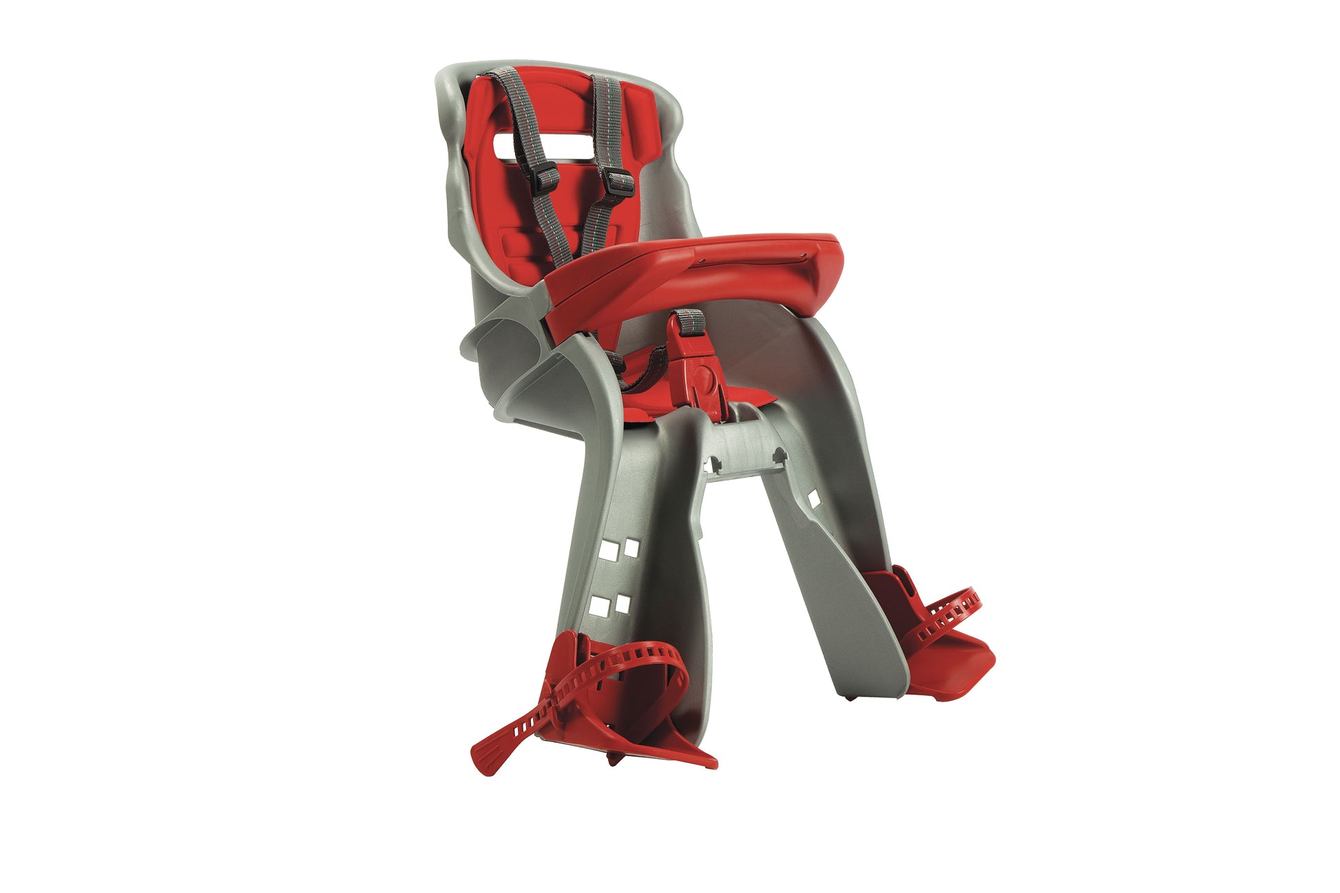 OKBaby Orion front bike seat, grey/red, angled side view with footrests