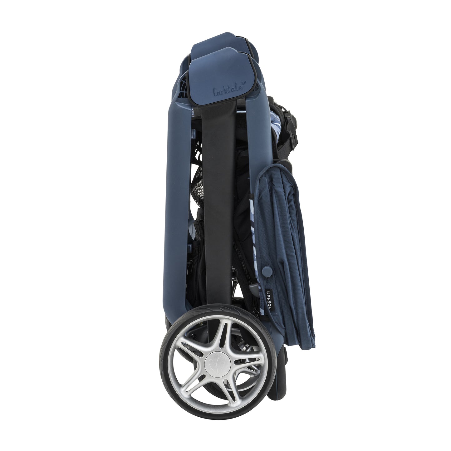 Pram folded upright, side view (compact fold)