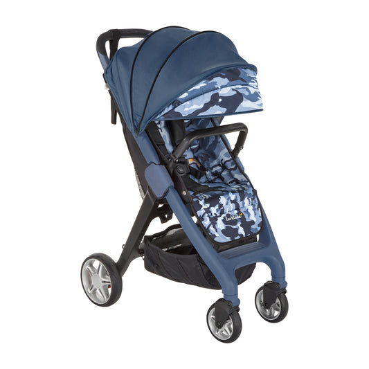 Blue camouflage-patterned stroller compact stroller, front three-quarter view