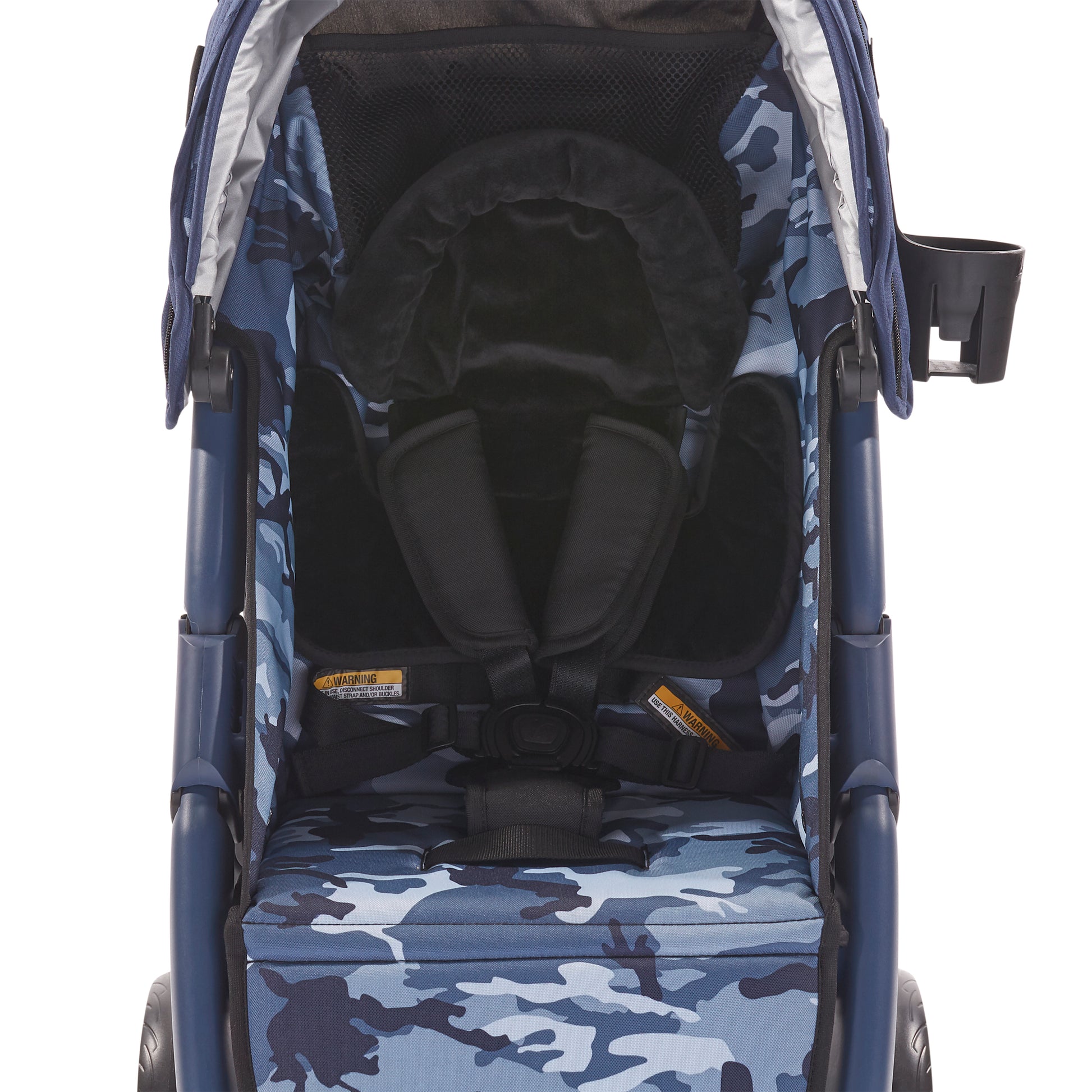 Blue camouflage baby stroller with black seat on a white background
