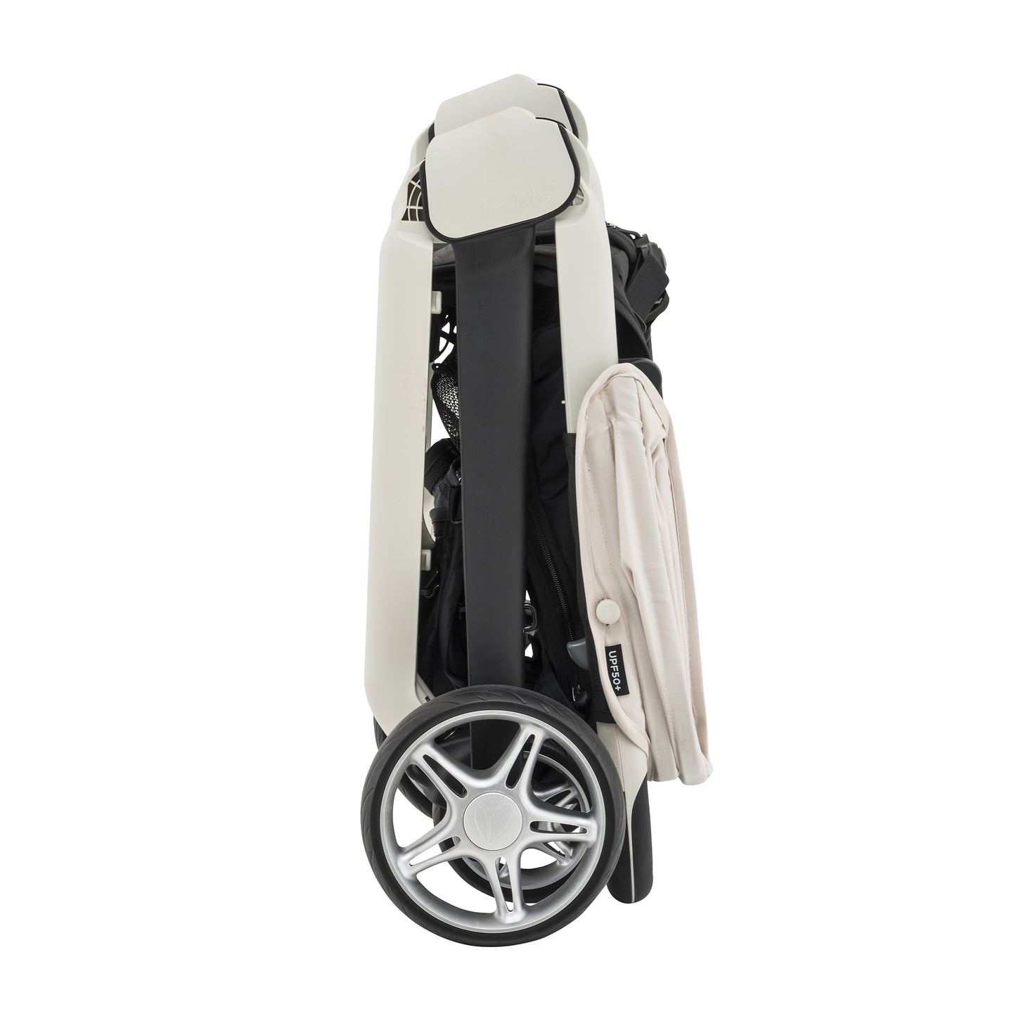 stroller folded upright, side view (compact fold)