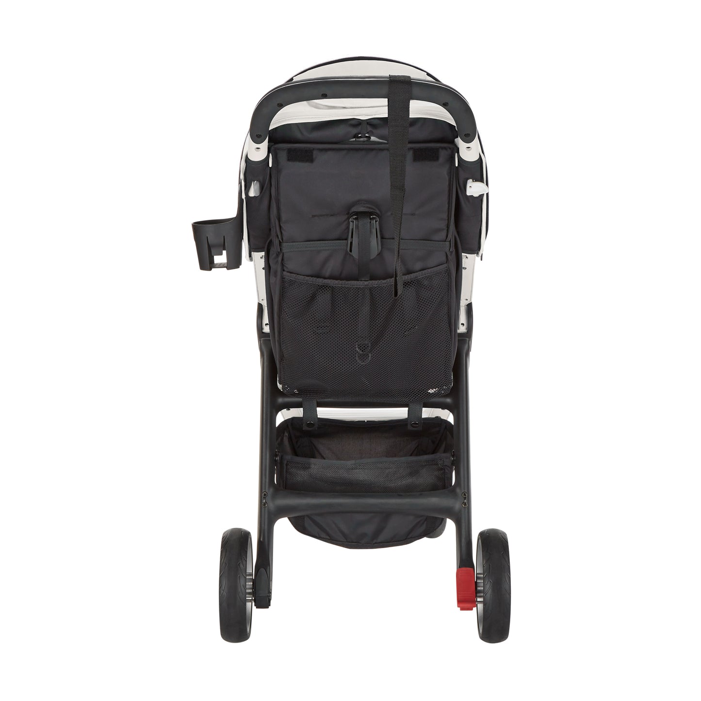 Black and gray stroller with a large storage bag on a white background