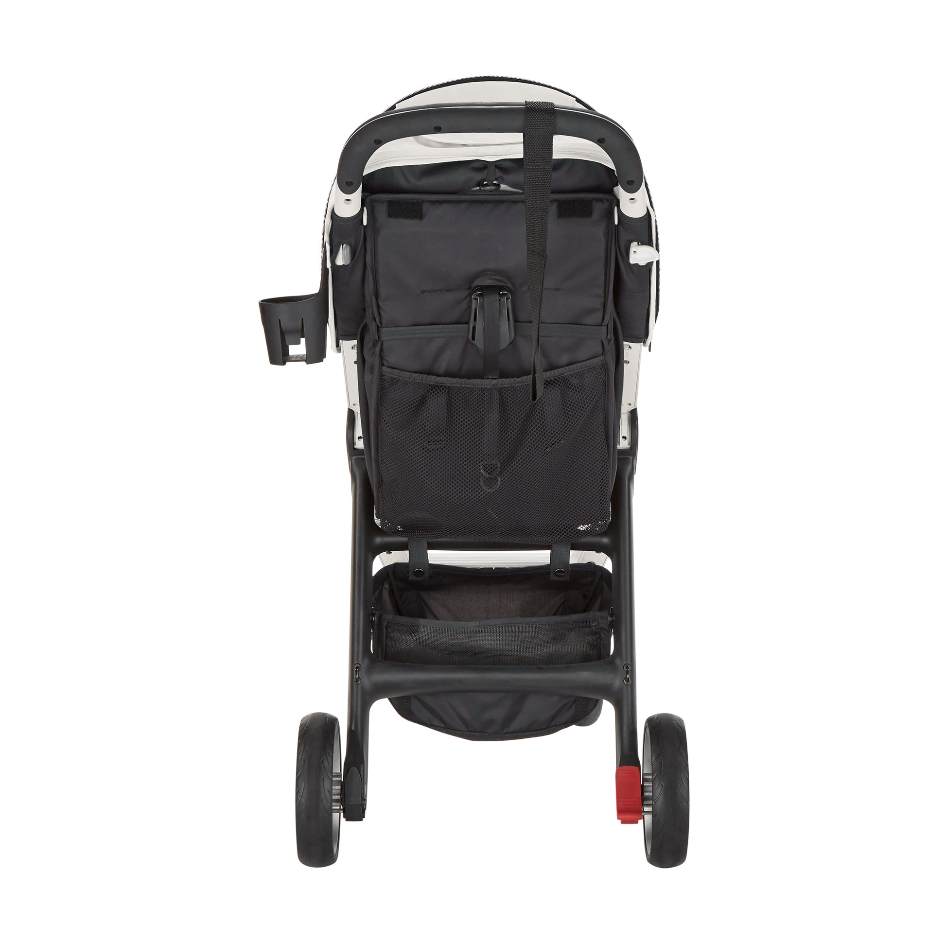 Black and gray stroller with a large storage bag on a white background