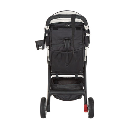 Black and gray stroller with a large storage bag on a white background