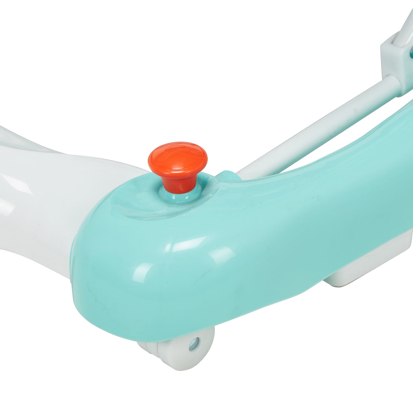 Close-up of a teal and white toy with an orange button on a white background