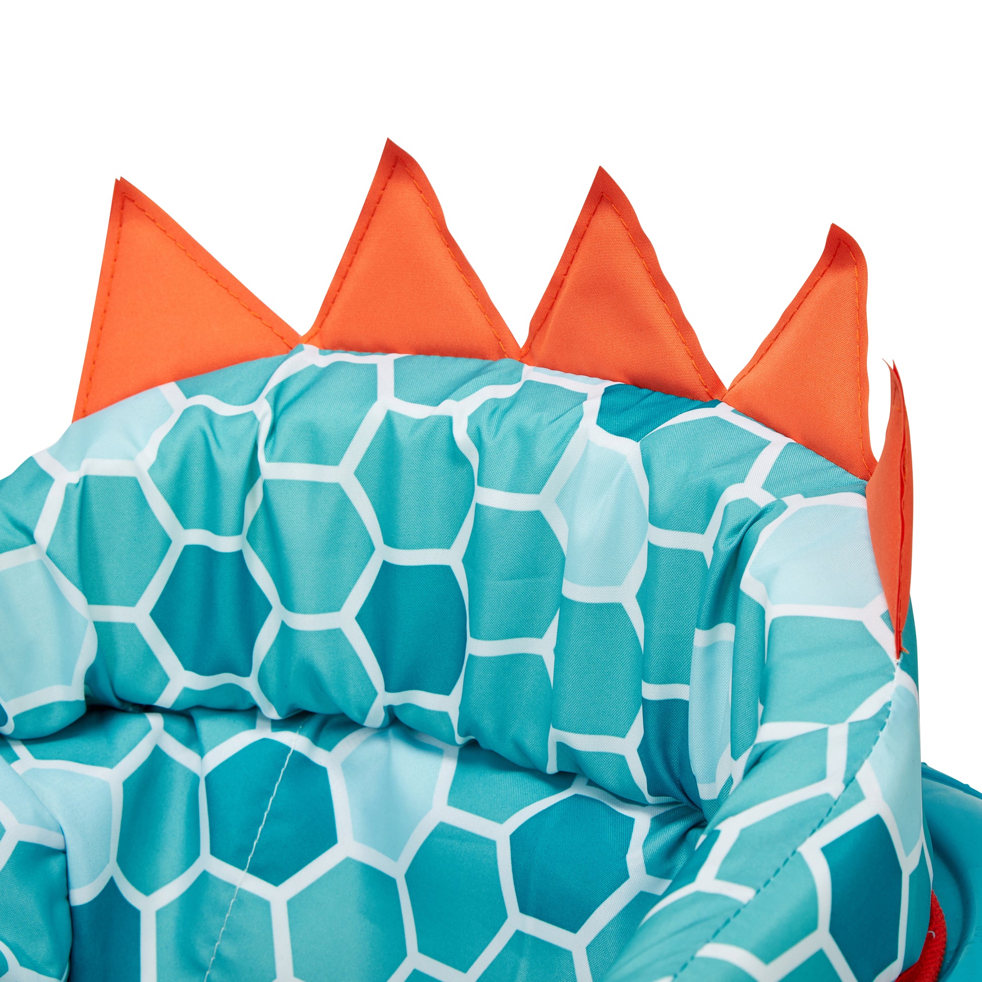 Teal and orange geometric patterned pillow with red accents on a white background