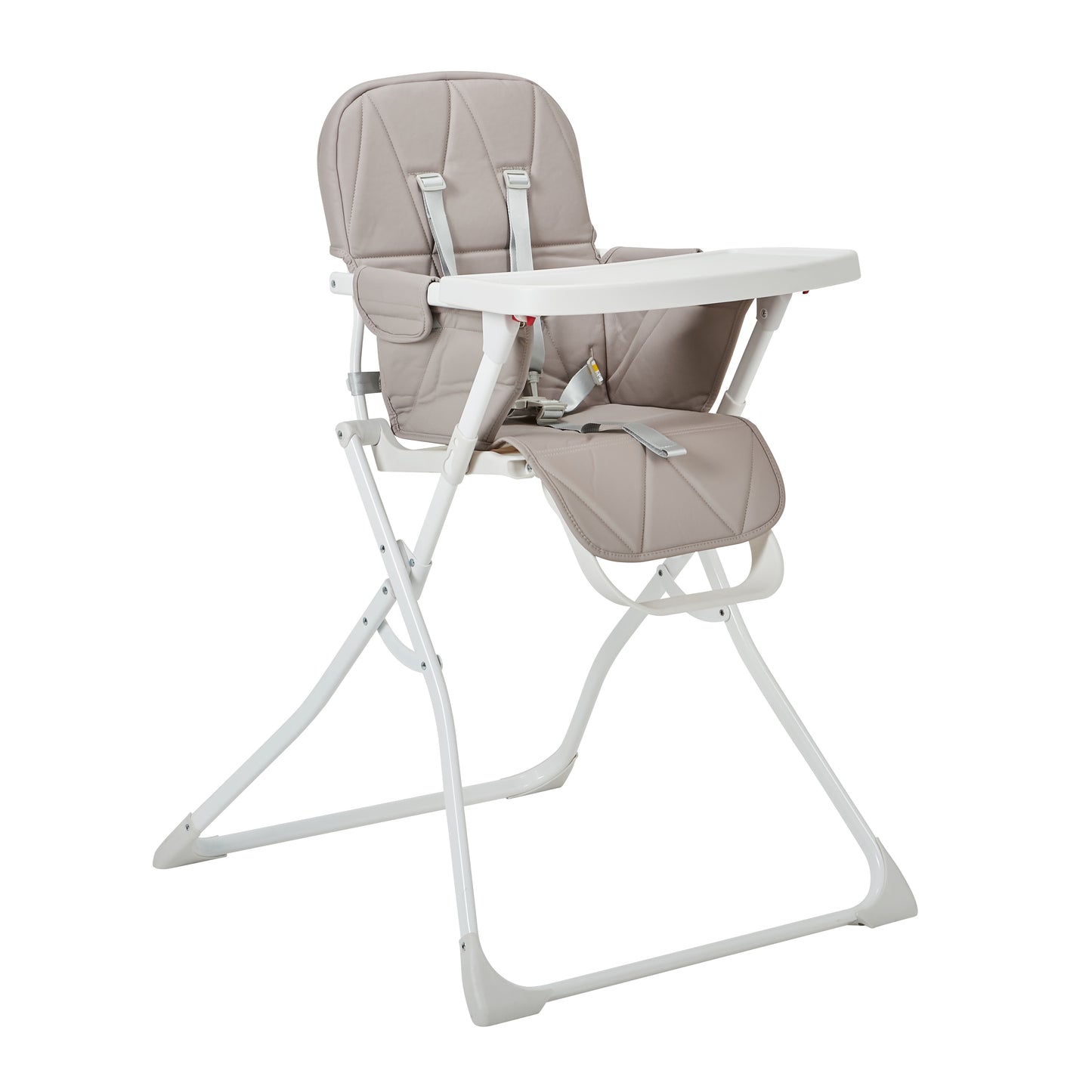 Hideaway highchair, grey quilted seat with white tray, front three-quarter view