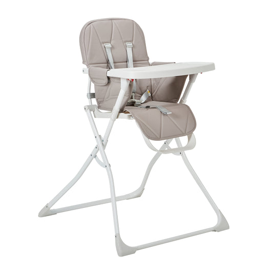 Hideaway highchair, grey quilted seat with white tray, front three-quarter view