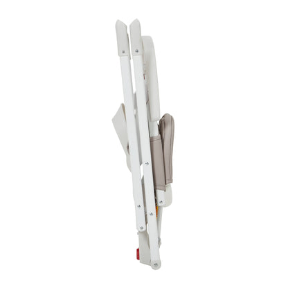 highchair folded flat, side view (compact fold)
