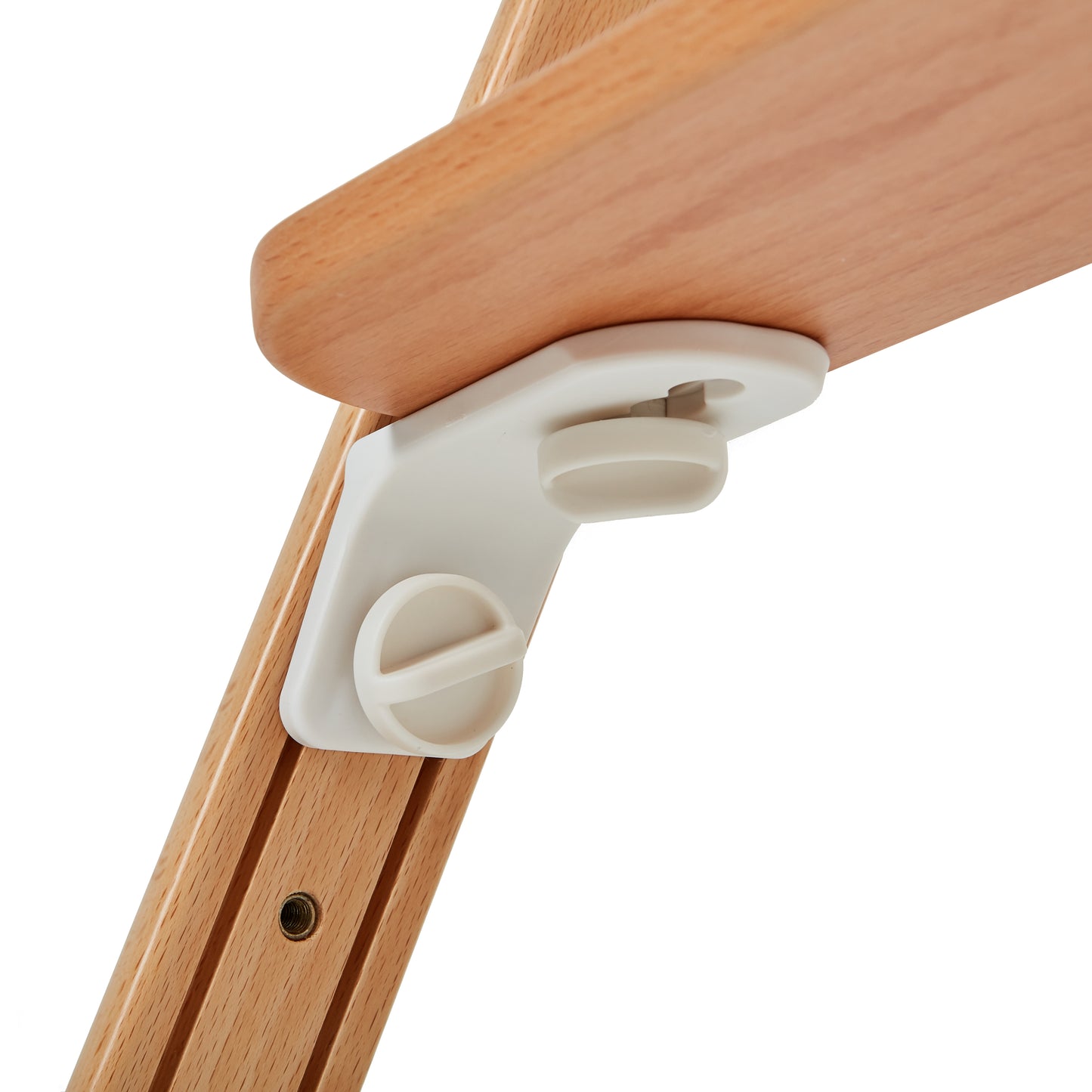 Wooden chair arm with a white plastic bracket on a white background