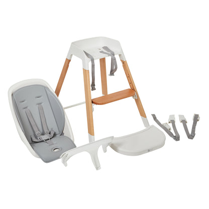 highchair components shown for conversion (seat, tray and hooks)