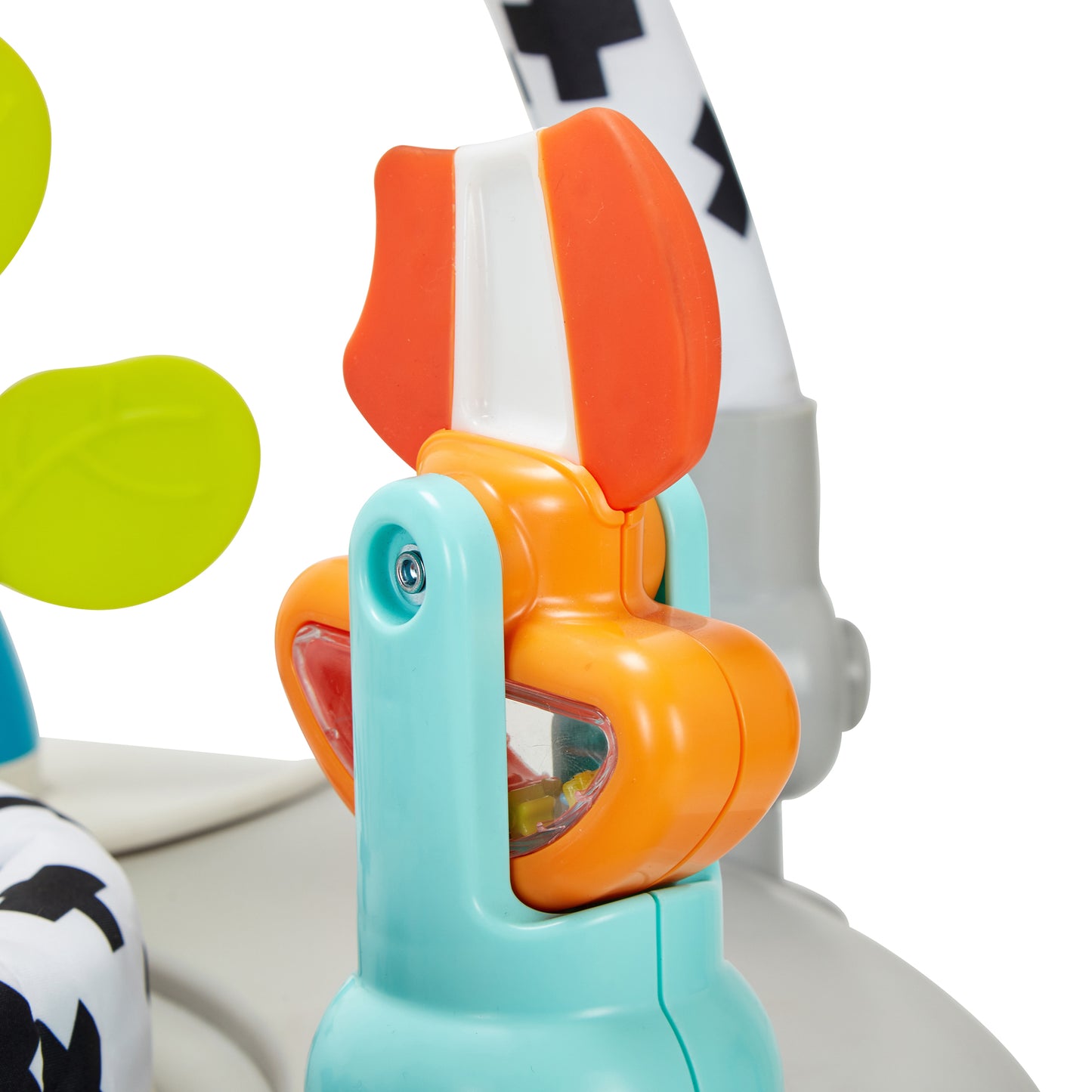 Close-up of a colorful baby toy with orange, blue, and white parts on a white background.