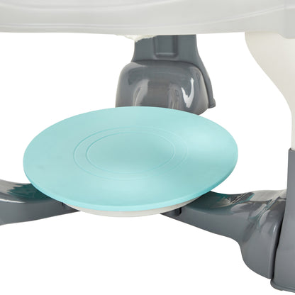 Light blue circular object on a grey chair with a white background