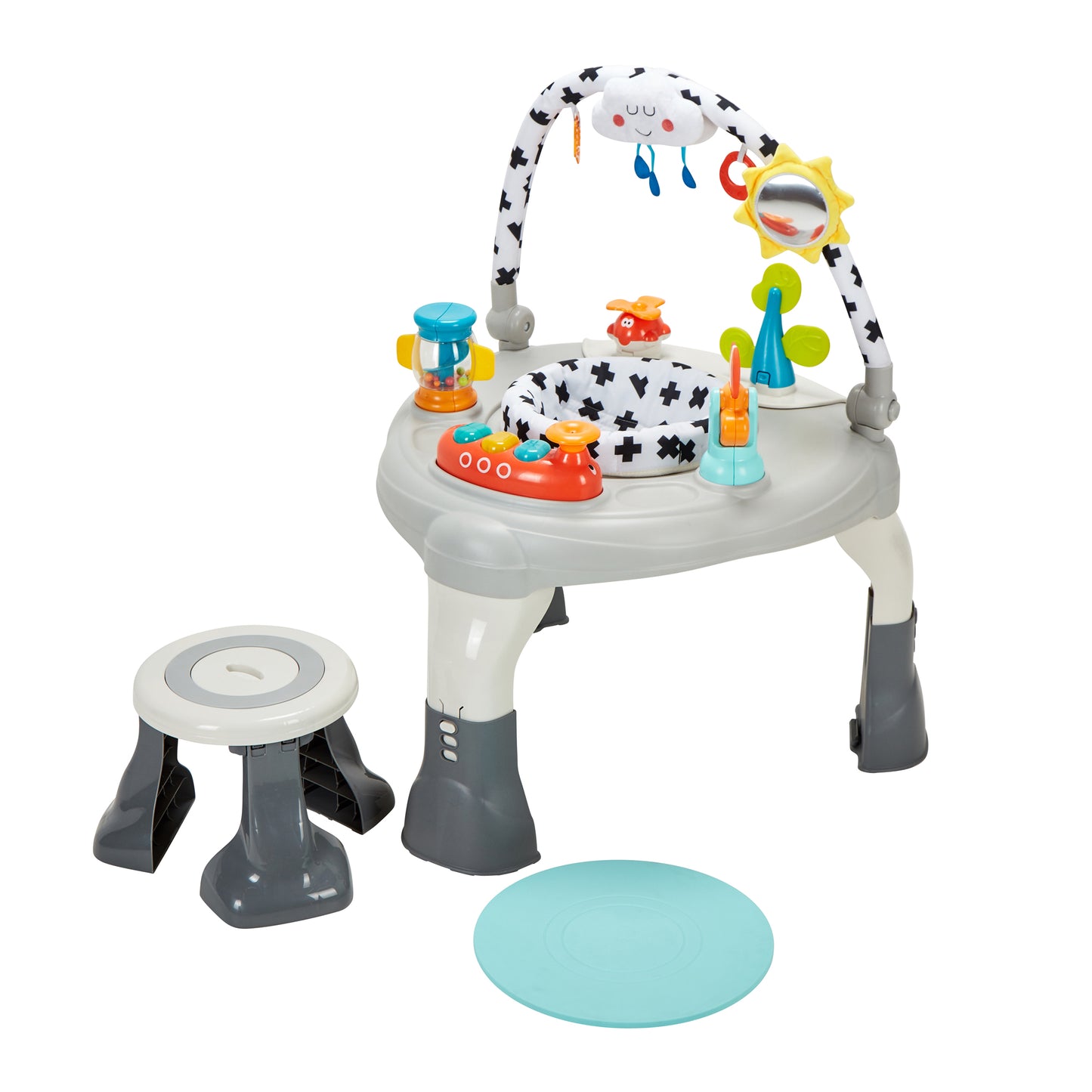Baby activity center with toys and a stool on a white background