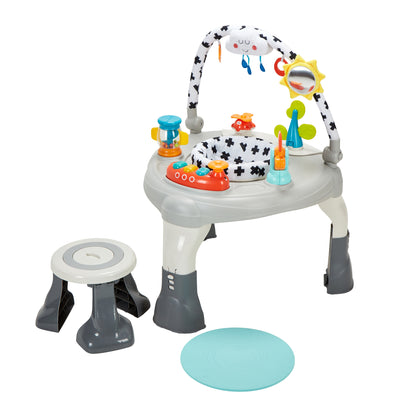 Baby activity center with toys and a stool on a white background