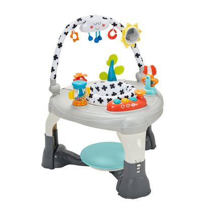 Baby activity center with colorful toys on a white background