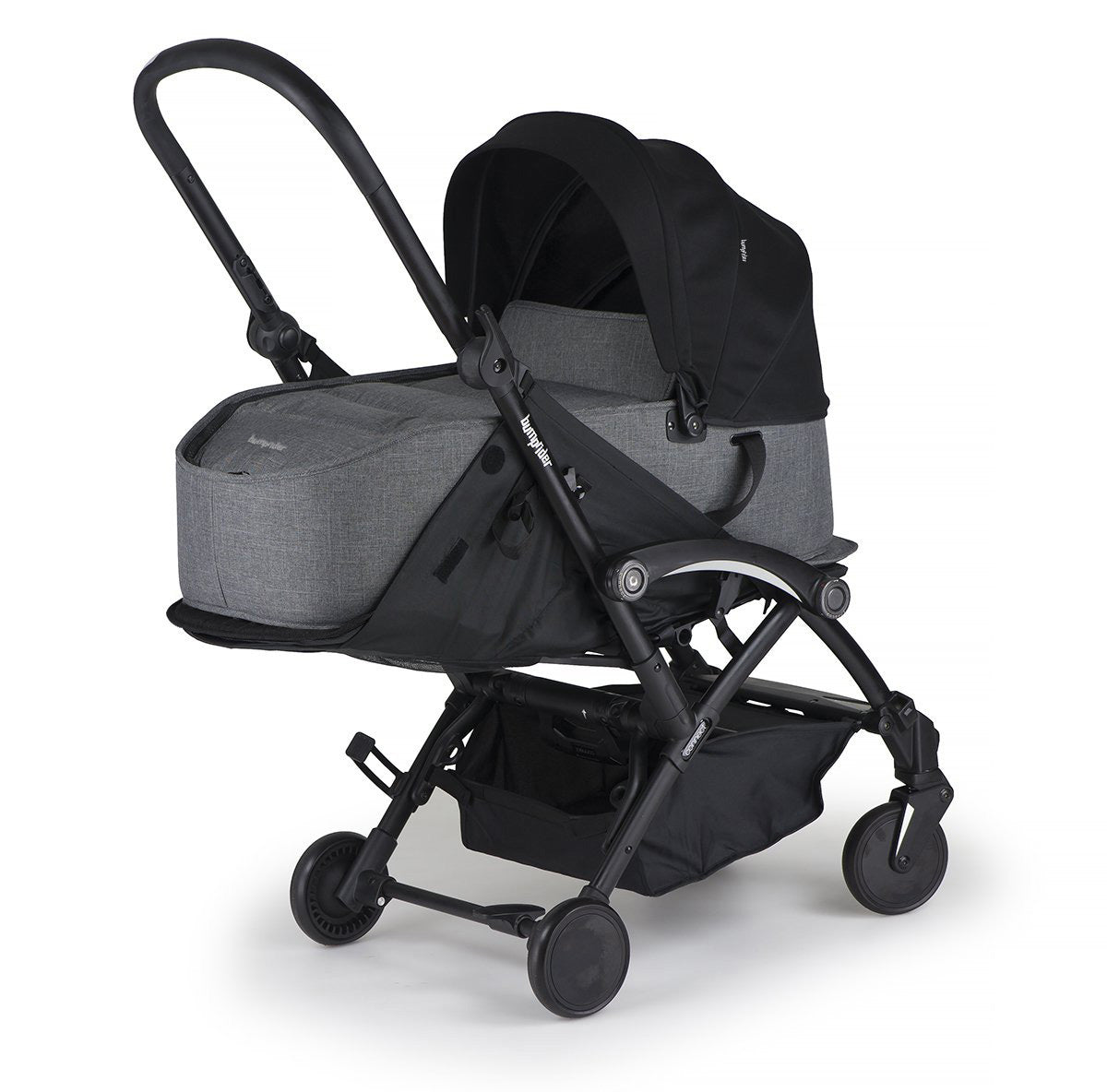 carrycot attached to stroller, grey carrycot with black frame