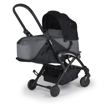 carrycot attached to stroller, grey carrycot with black frame