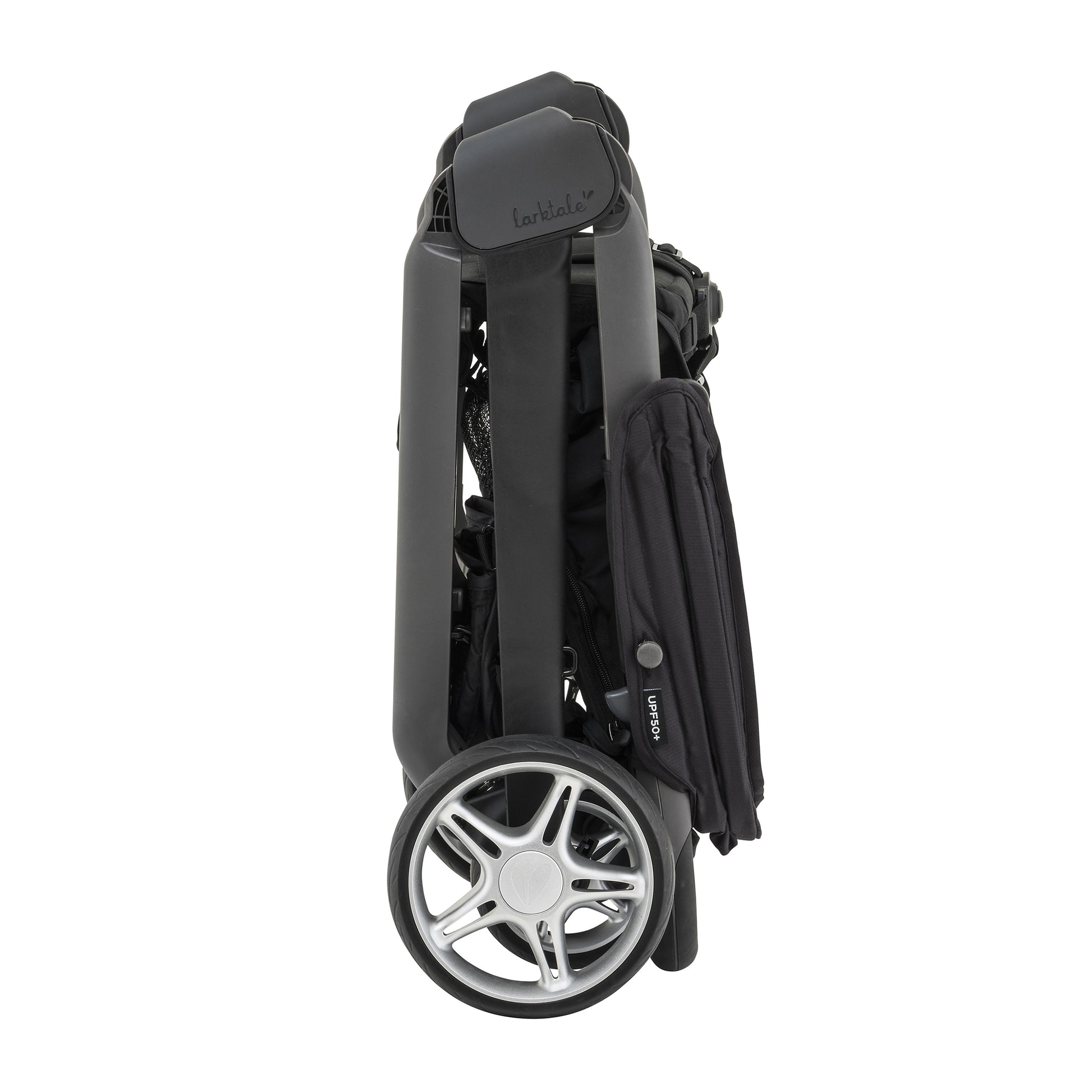 stroller folded upright, side view (compact fold)