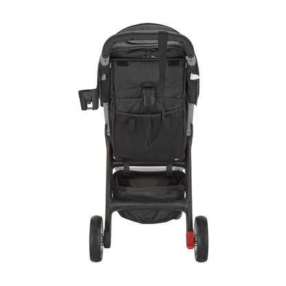 stroller, rear view showing backrest and wheels