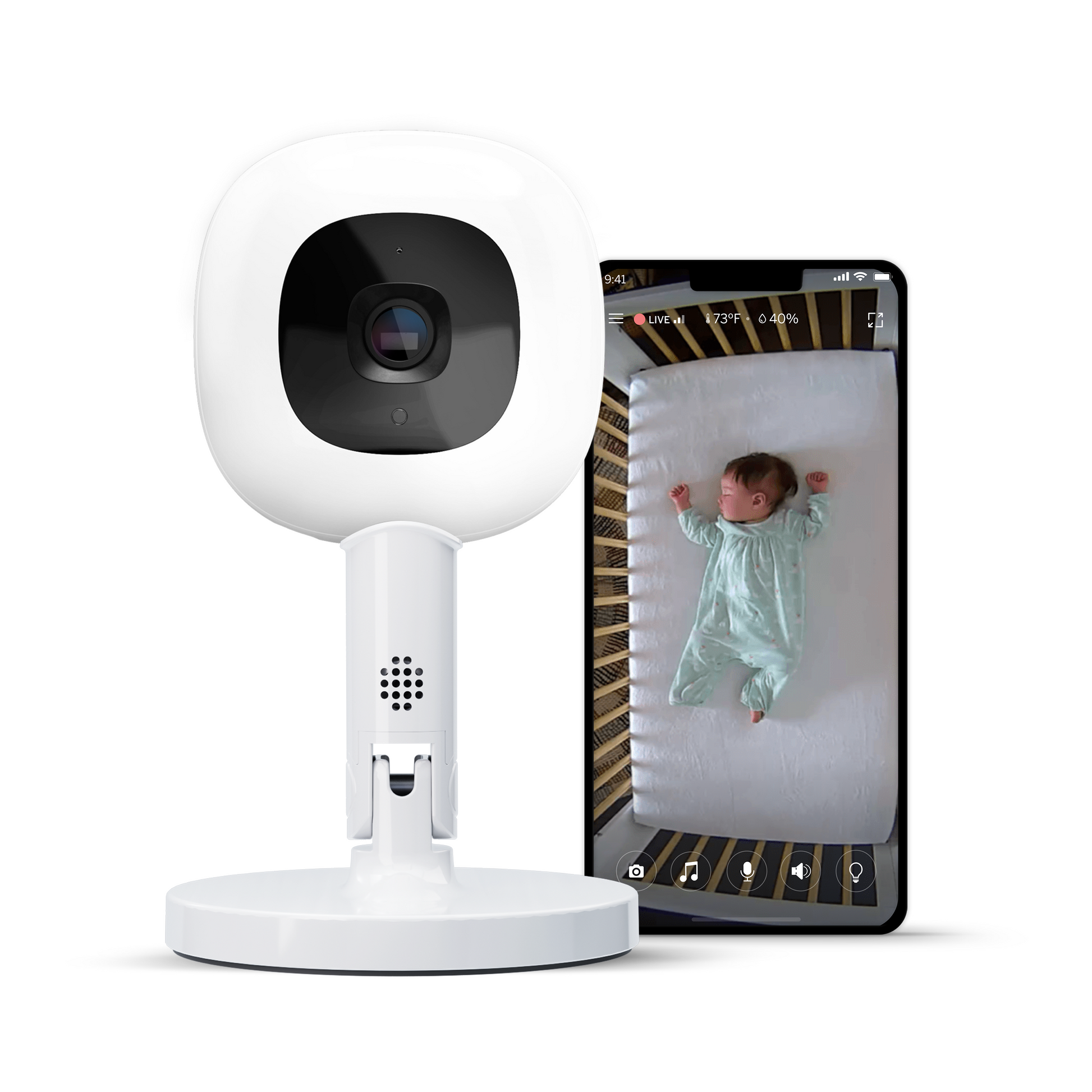 Nanit Pro camera with Flex Stand shown with mobile app monitoring