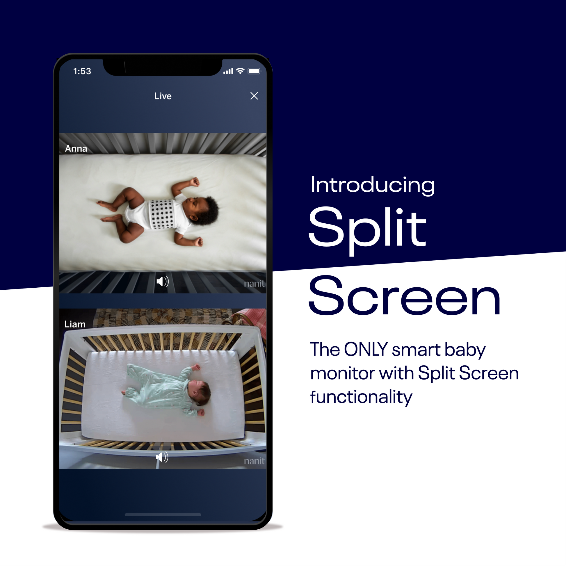 Nanit app split-screen view for monitoring multiple cameras