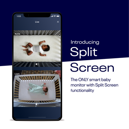 Smart baby monitor app with split screen feature on a smartphone, showing two babies in cribs.