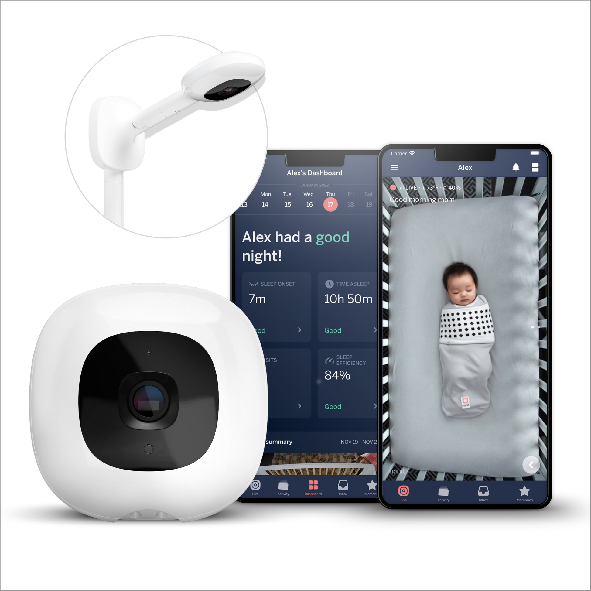 Baby monitor with camera and smartphone app displaying baby's video feed on a white background