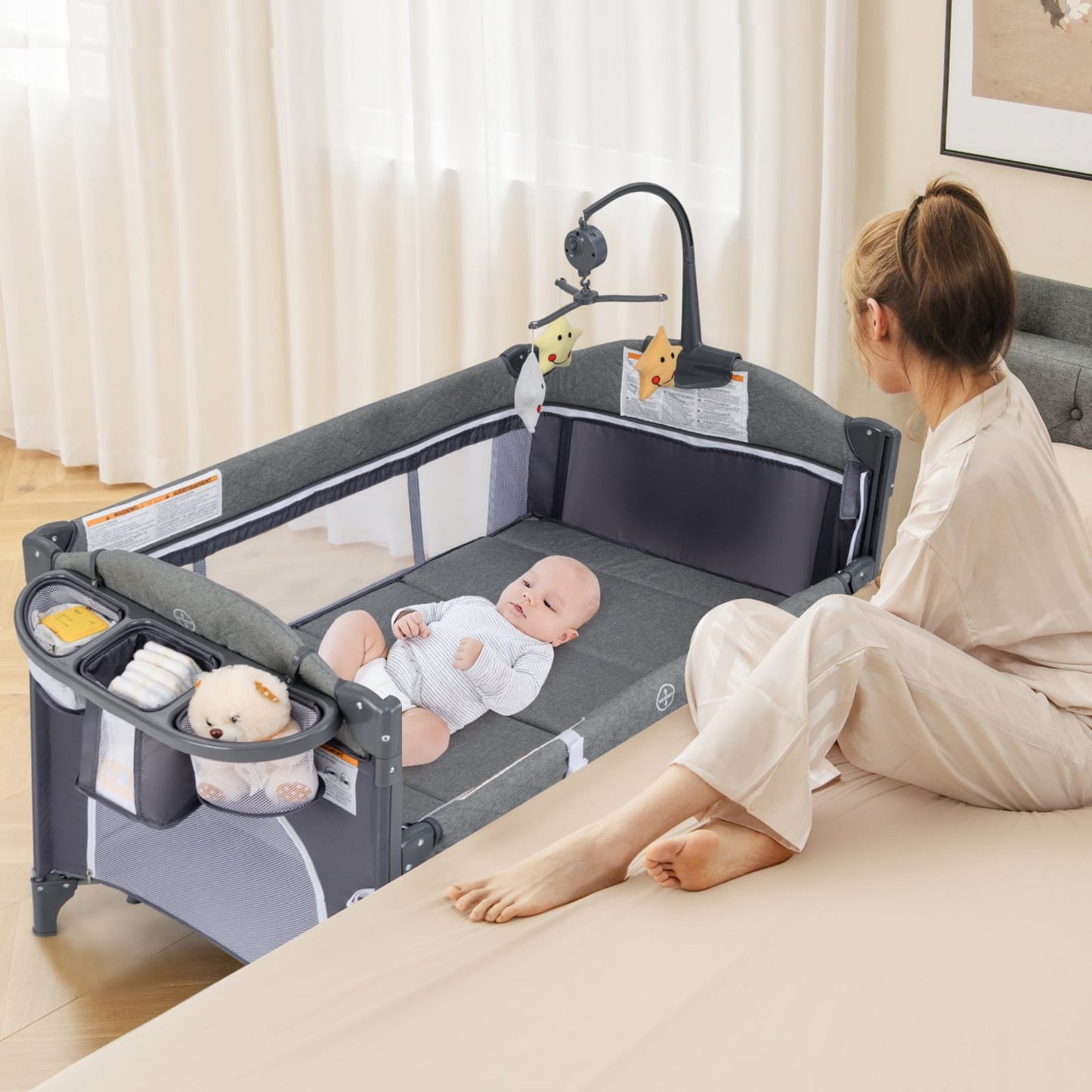6-in-1 Blue Baby Travel Cot & Bedside Sleeper with Changing Table