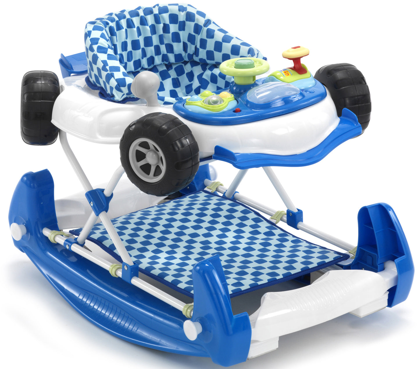 Blue and white baby walker with checkered pattern on a white background