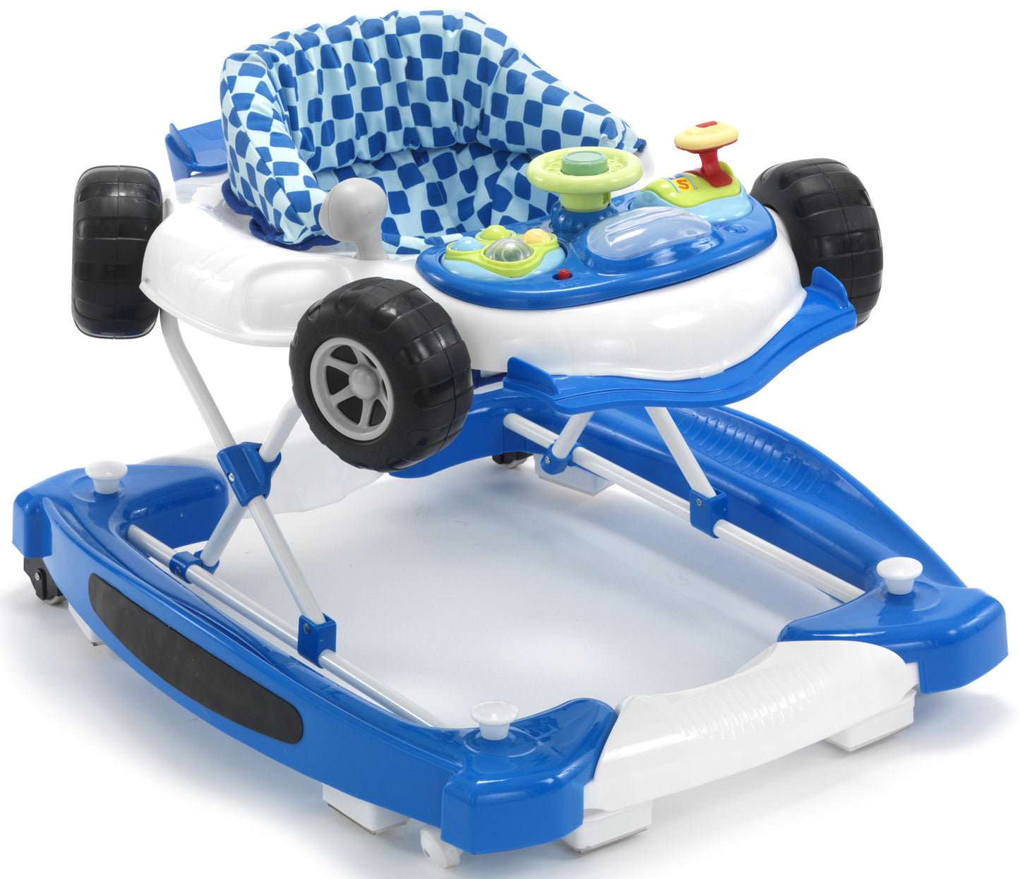 Blue and white baby walker with checkered seat cover on a white background