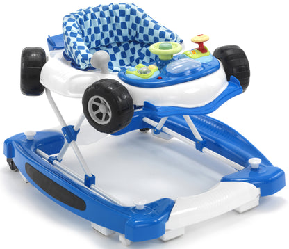 Blue and white baby walker with checkered seat cover on a white background
