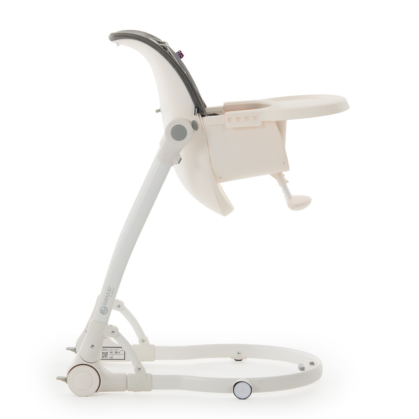 BabyUp® support seat stand with feeding tray attached, side view