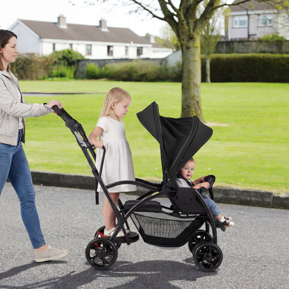 Foldable Twin Tandem Stroller – Sit and Stand Double Stroller with Adjustable Handle Bar