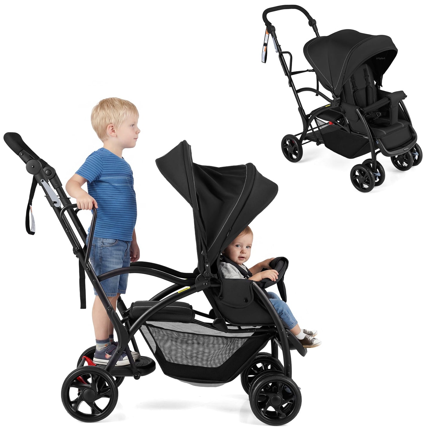 Foldable Twin Tandem Stroller – Sit and Stand Double Stroller with Adjustable Handle Bar