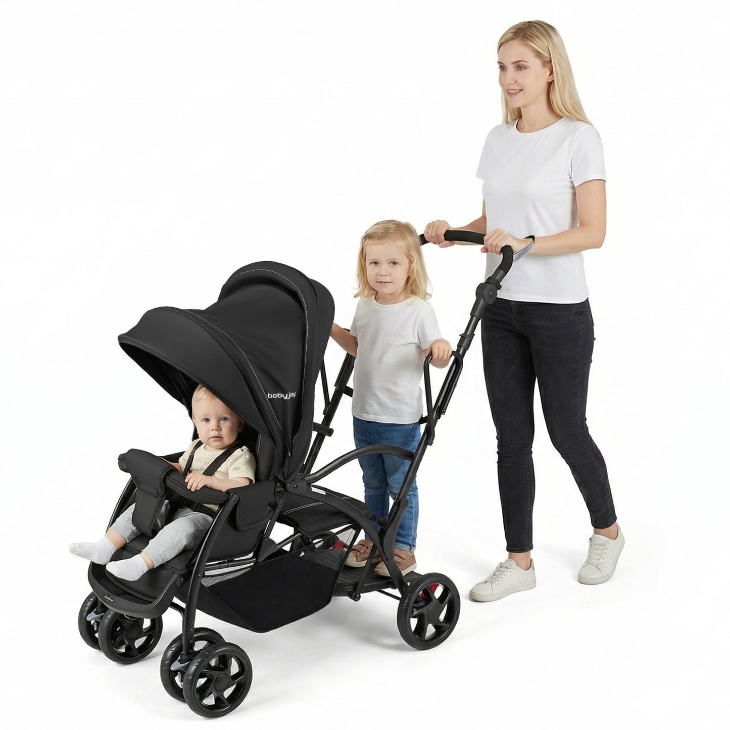 Foldable Twin Tandem Stroller – Sit and Stand Double Stroller with Adjustable Handle Bar