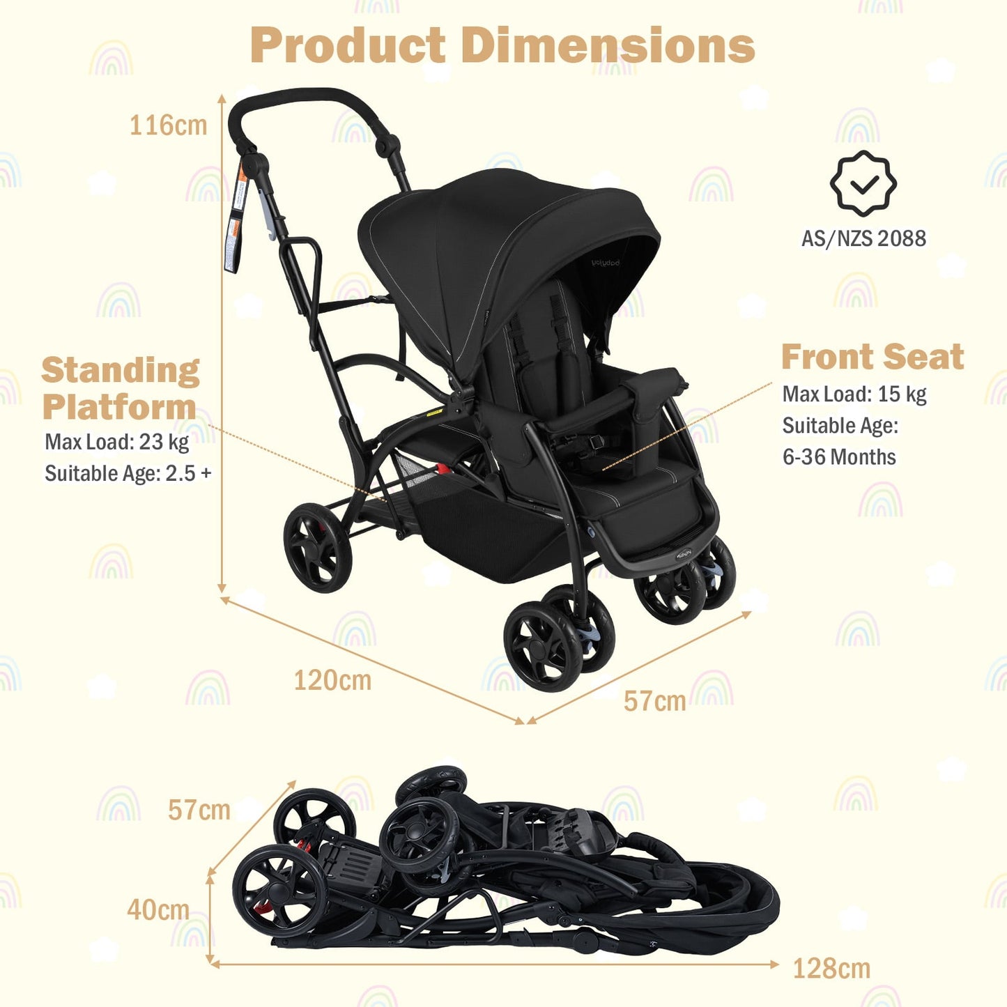 Foldable Twin Tandem Stroller – Sit and Stand Double Stroller with Adjustable Handle Bar