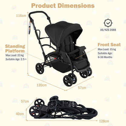 Foldable Twin Tandem Stroller – Sit and Stand Double Stroller with Adjustable Handle Bar