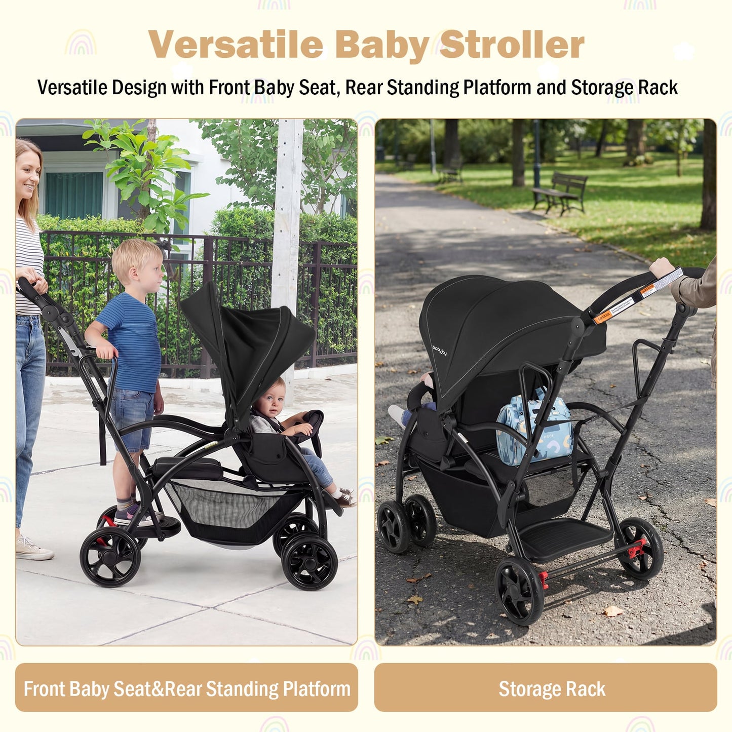 Foldable Twin Tandem Stroller – Sit and Stand Double Stroller with Adjustable Handle Bar