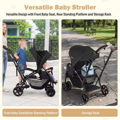 Foldable Twin Tandem Stroller – Sit and Stand Double Stroller with Adjustable Handle Bar