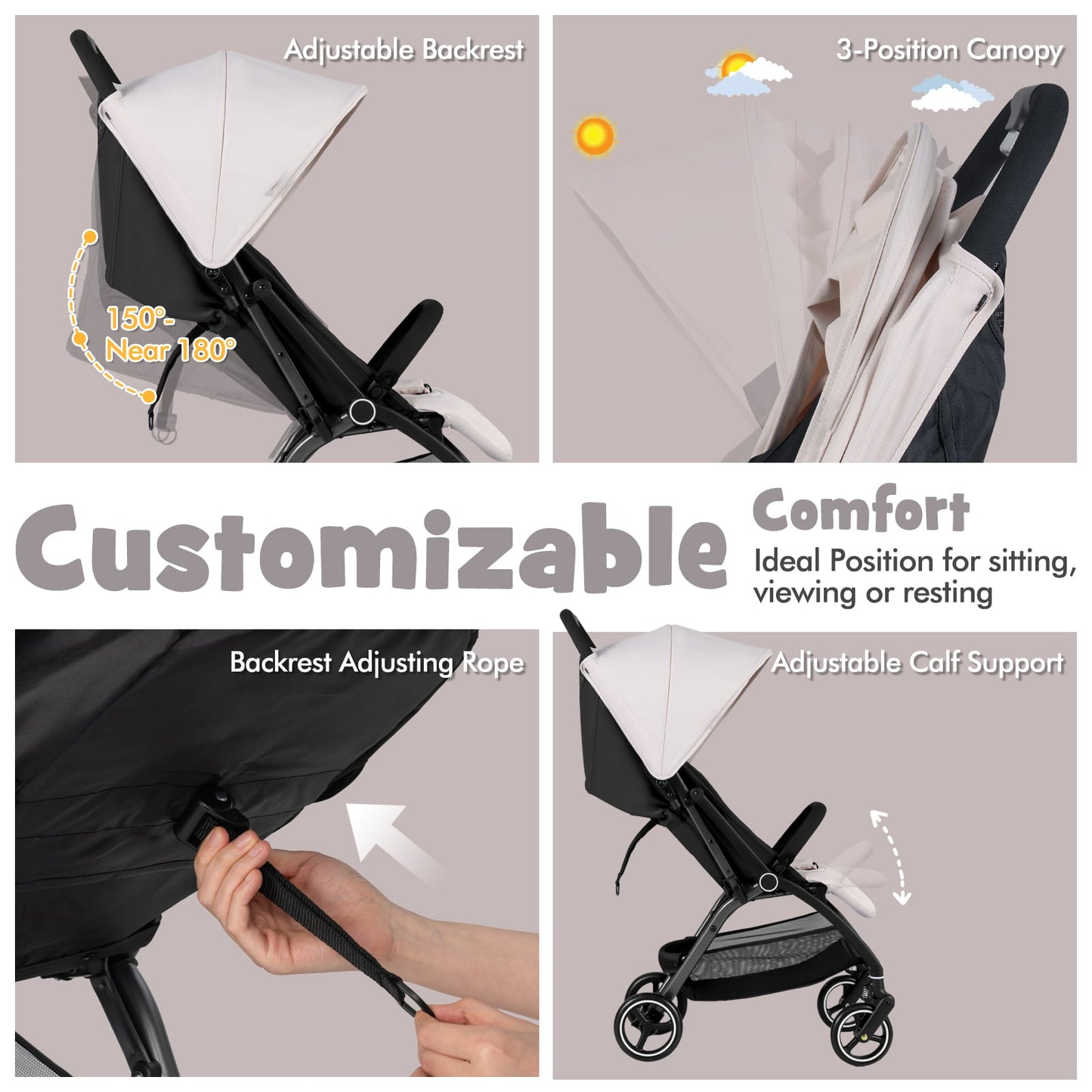 Lightweight Foldable Baby Stroller with Adjustable Backrest and Canopy